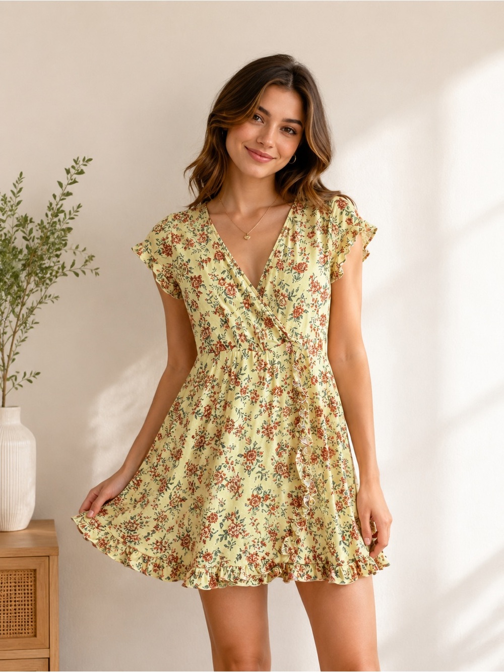 No Comment Yellow Floral Ruffle Mini Dress Size M